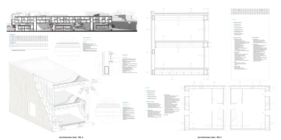 Mixed-use construction axonometric and technical sections