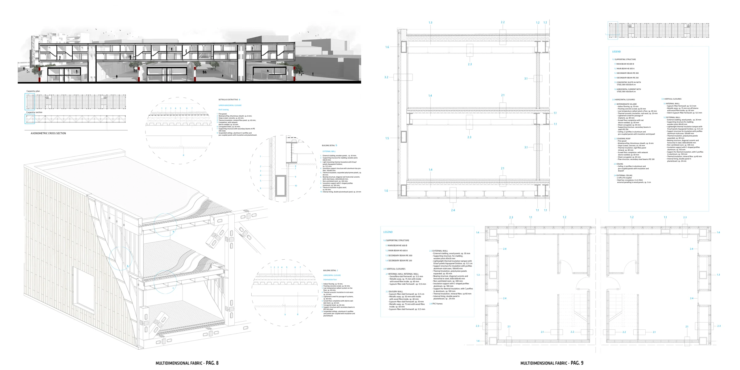 Mixed-use construction axonometric and technical sections