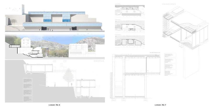 Mountain cabin plans, sections and construction axonometric