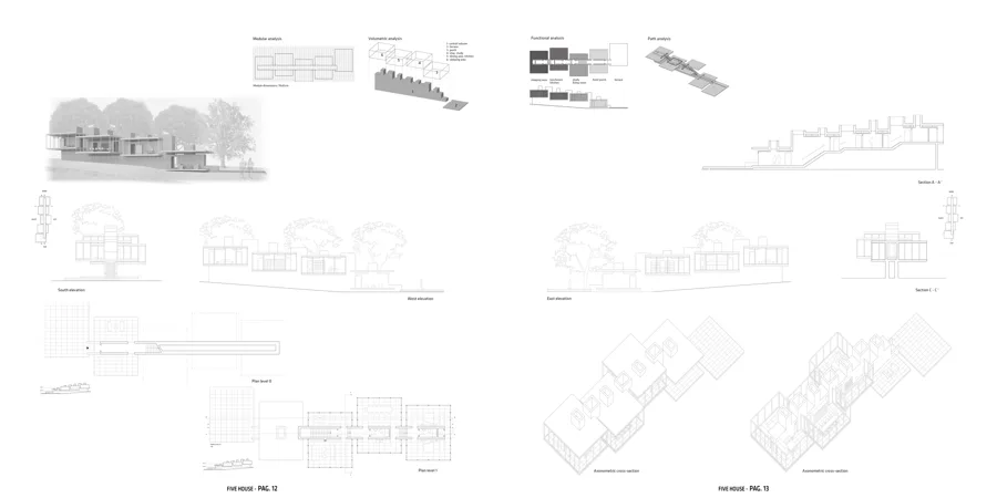 Residential modular analysis, plans and sectional axonometrics