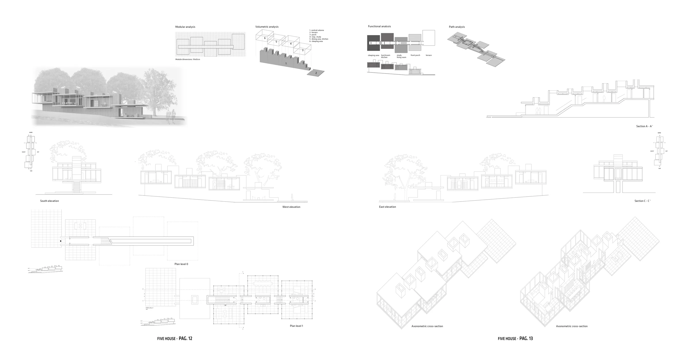 Residential modular analysis, plans and sectional axonometrics